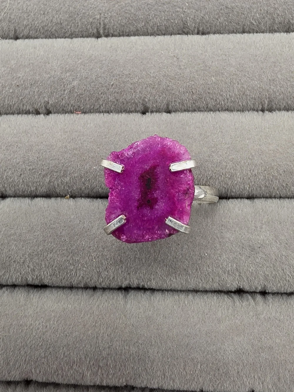 Silver Plated Ring Size 8 with Vibrant Fuchsia Druzy Stone